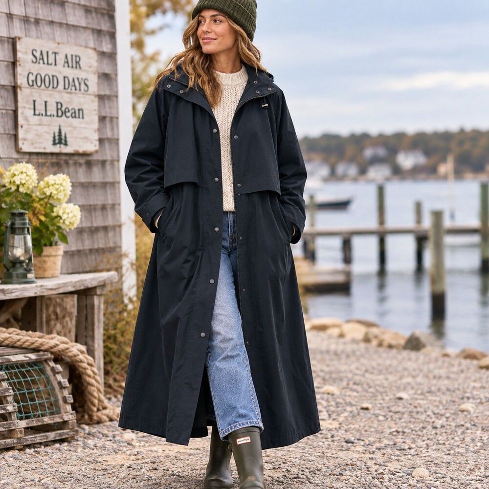 Vintage L.L.Bean Womens XL Black Maxi Raincoat Trench Zip Out Plaid Liner Hood